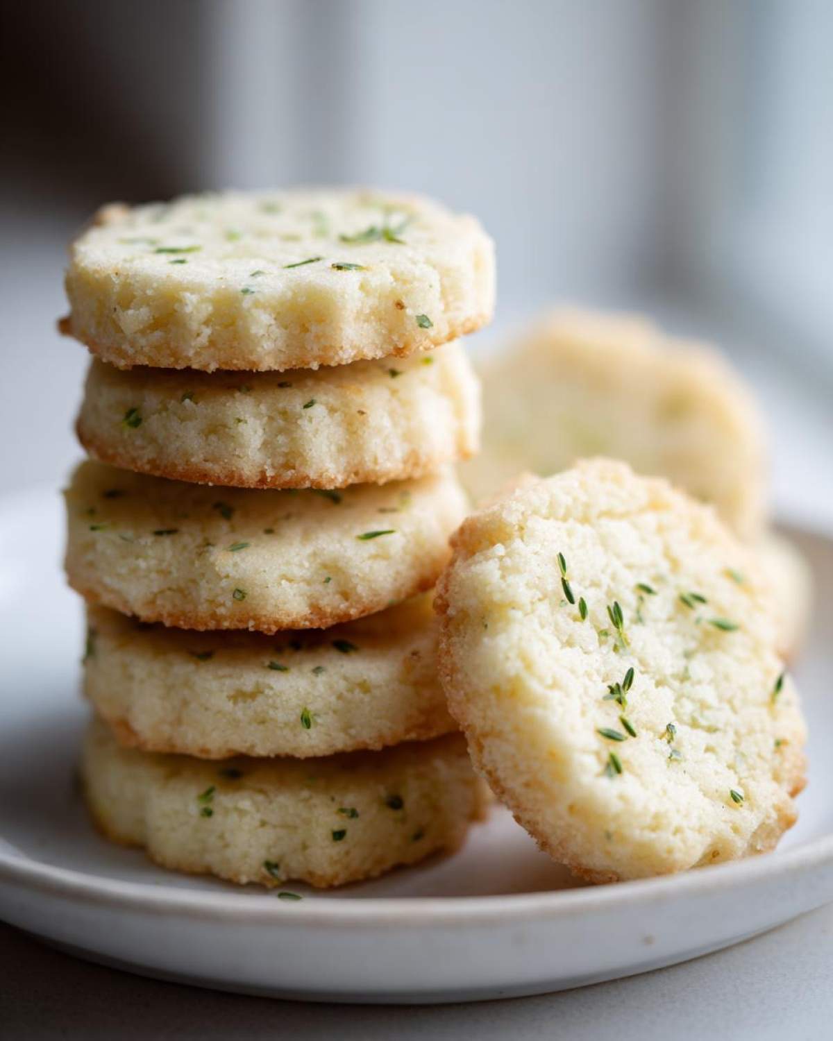 A stack of five Gluten-Free Lemon Thyme Shortbread Cookies topped with fresh thyme pieces on a light plate.