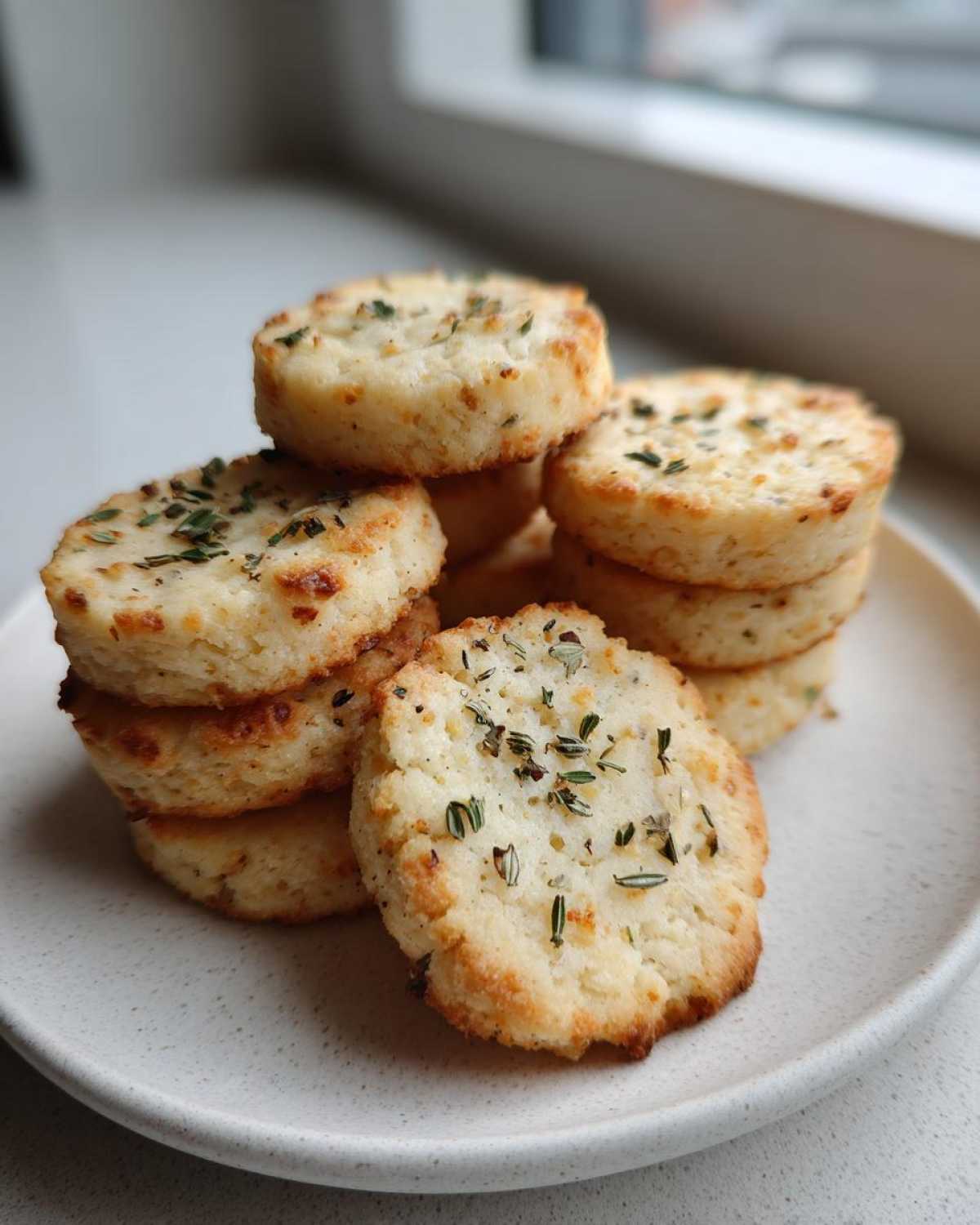 A stack of round, golden Gluten-Free Lemon Thyme Shortbread Cookies topped with fresh thyme leaves on a light plate.
