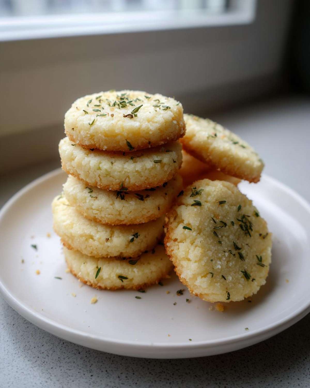 A stack of round Gluten-Free Lemon Thyme Shortbread Cookies topped with dried herbs on a white plate.