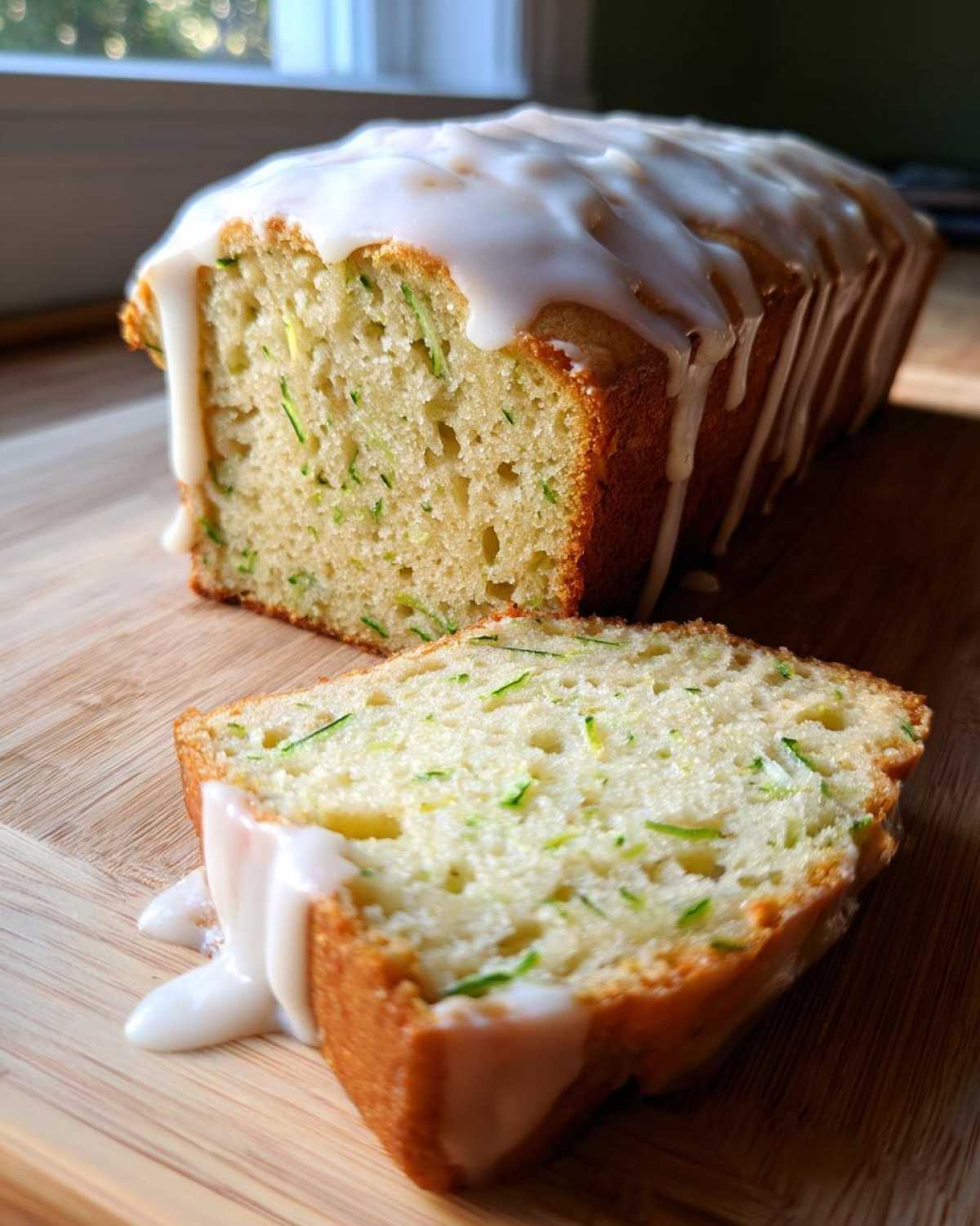 A loaf of Gluten-Free Lemon Zucchini Bread with a thick lemon glaze, partially sliced.