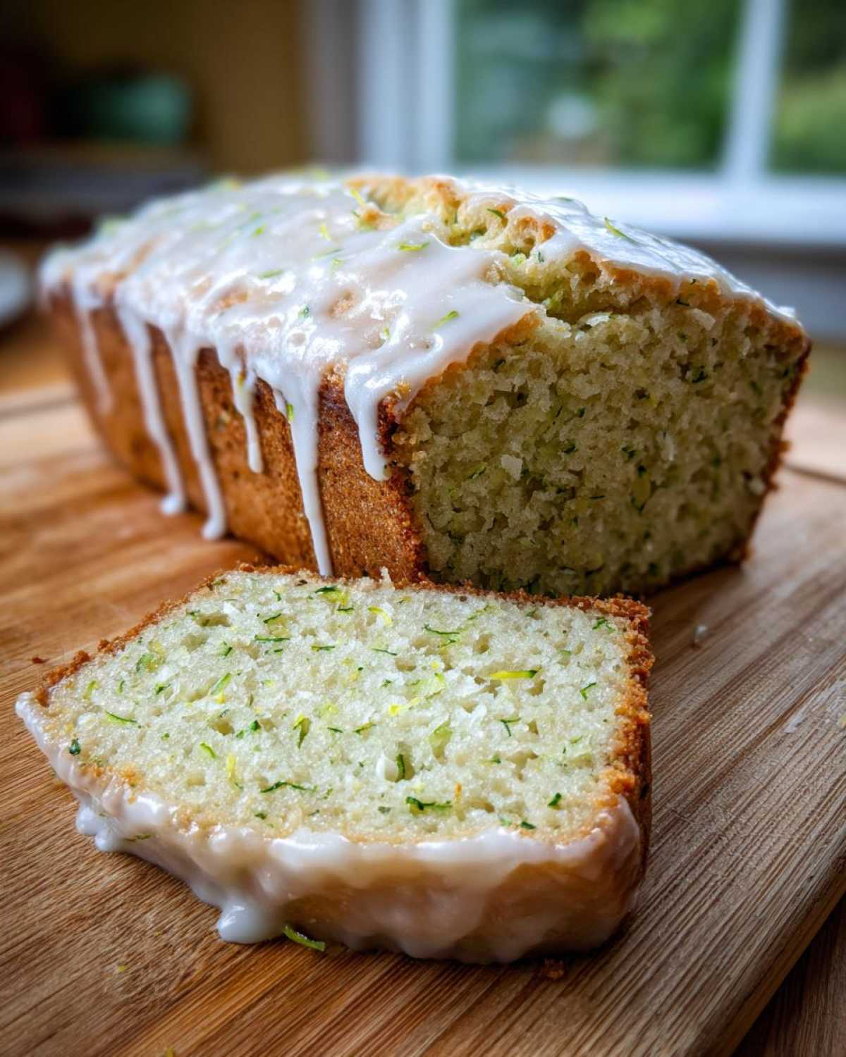 A loaf of Gluten-Free Lemon Zucchini Bread drizzled with white glaze, with one slice cut and resting in front.