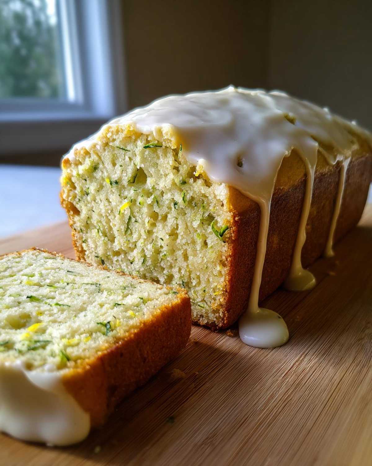 A loaf of moist Gluten-Free Lemon Zucchini Bread with a thick lemon glaze dripping down the sides, one slice cut.