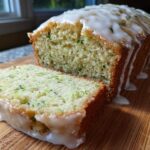A loaf of moist Gluten-Free Lemon Zucchini Bread with a thick lemon glaze dripping down the side, one slice cut.