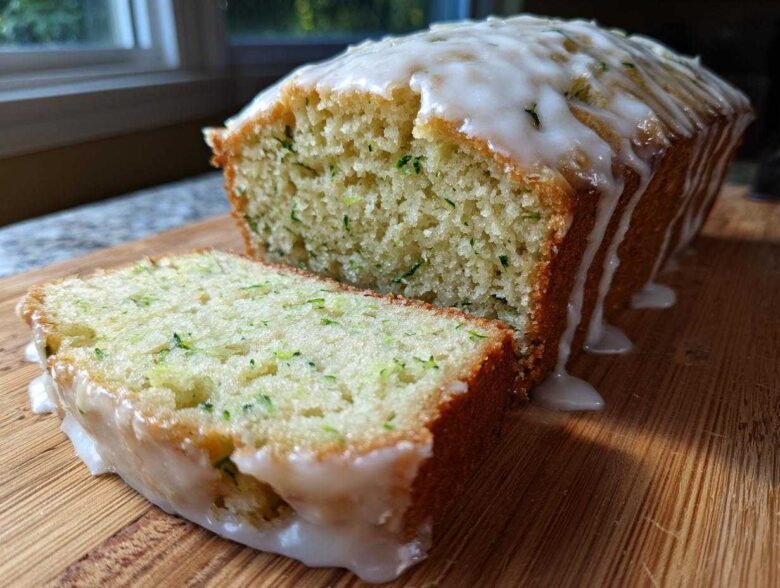 A loaf of moist Gluten-Free Lemon Zucchini Bread with a thick lemon glaze dripping down the side, one slice cut.