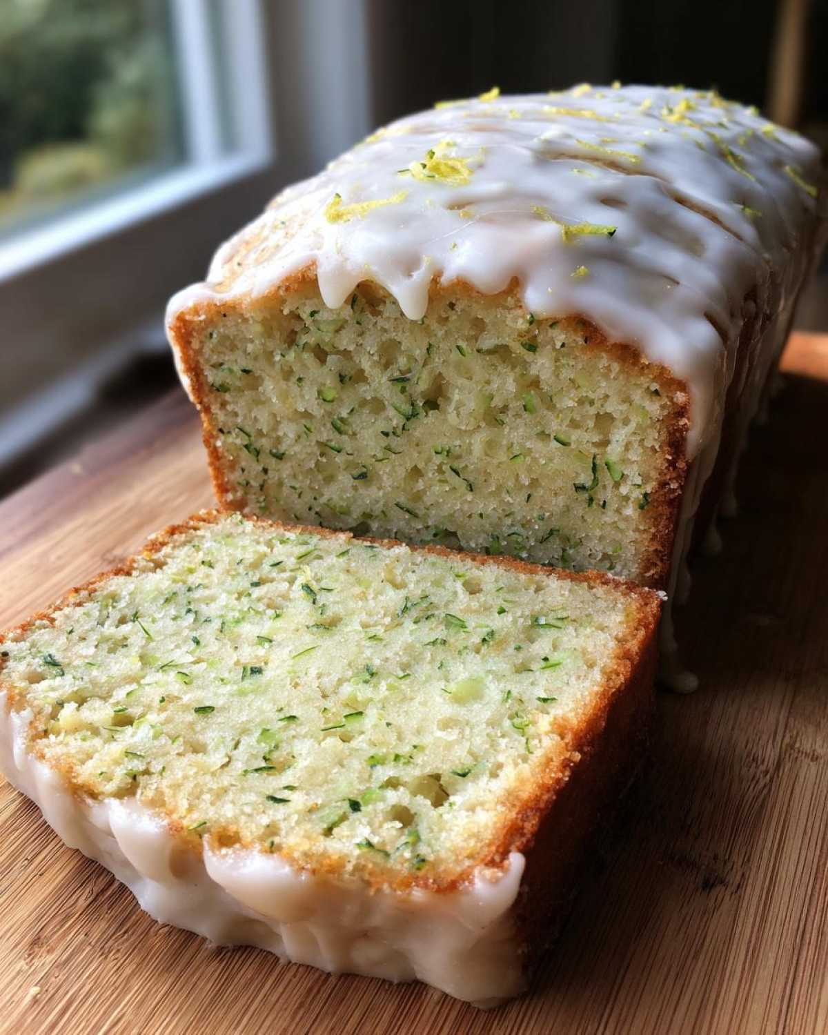 A loaf of moist Gluten-Free Lemon Zucchini Bread, partially sliced, topped with a thick lemon glaze and zest.