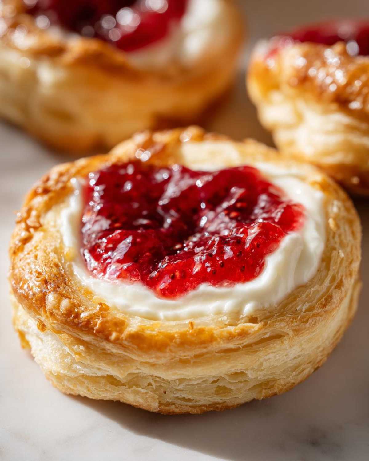 Close-up of a flaky Gluten-Free Strawberry Cream Cheese Danish topped with white cream cheese and bright red strawberry jam.