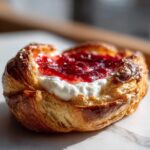 A close-up of a single, golden-brown Gluten-Free Strawberry Cream Cheese Danish topped with white cream cheese and bright red strawberry jam.