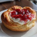 Close-up of one flaky Gluten-Free Strawberry Cream Cheese Danish topped with white cream and bright red strawberry jam.