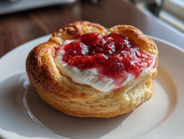Close-up of one flaky Gluten-Free Strawberry Cream Cheese Danish topped with white cream and bright red strawberry jam.