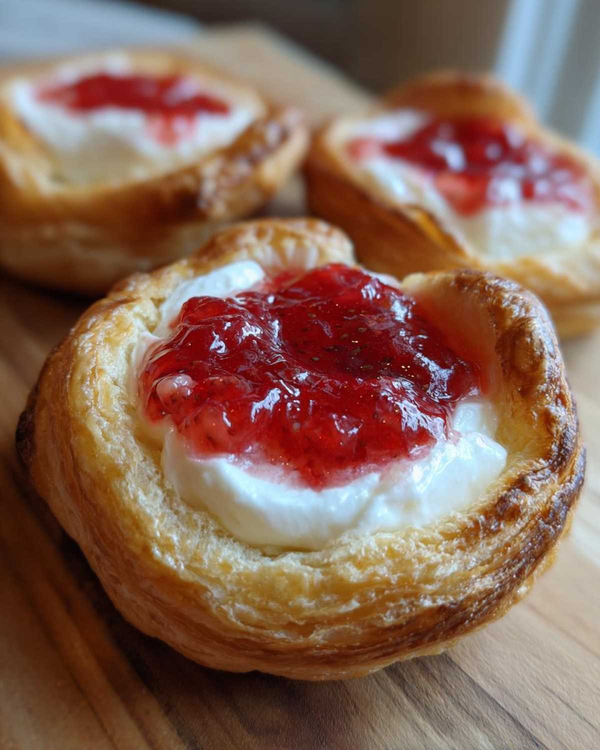 Close-up of a flaky pastry filled with cream cheese and topped with bright red strawberry jam, one of the Gluten-Free Strawberry Cream Cheese Danishes.