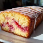 Close-up of a loaf of Gluten-Free Strawberry Lemon Pound Cake with a bright pink strawberry swirl and white lemon glaze.