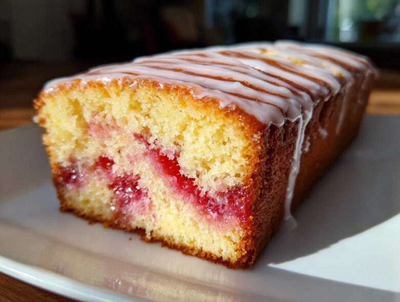 Close-up of a loaf of Gluten-Free Strawberry Lemon Pound Cake with a bright pink strawberry swirl and white lemon glaze.