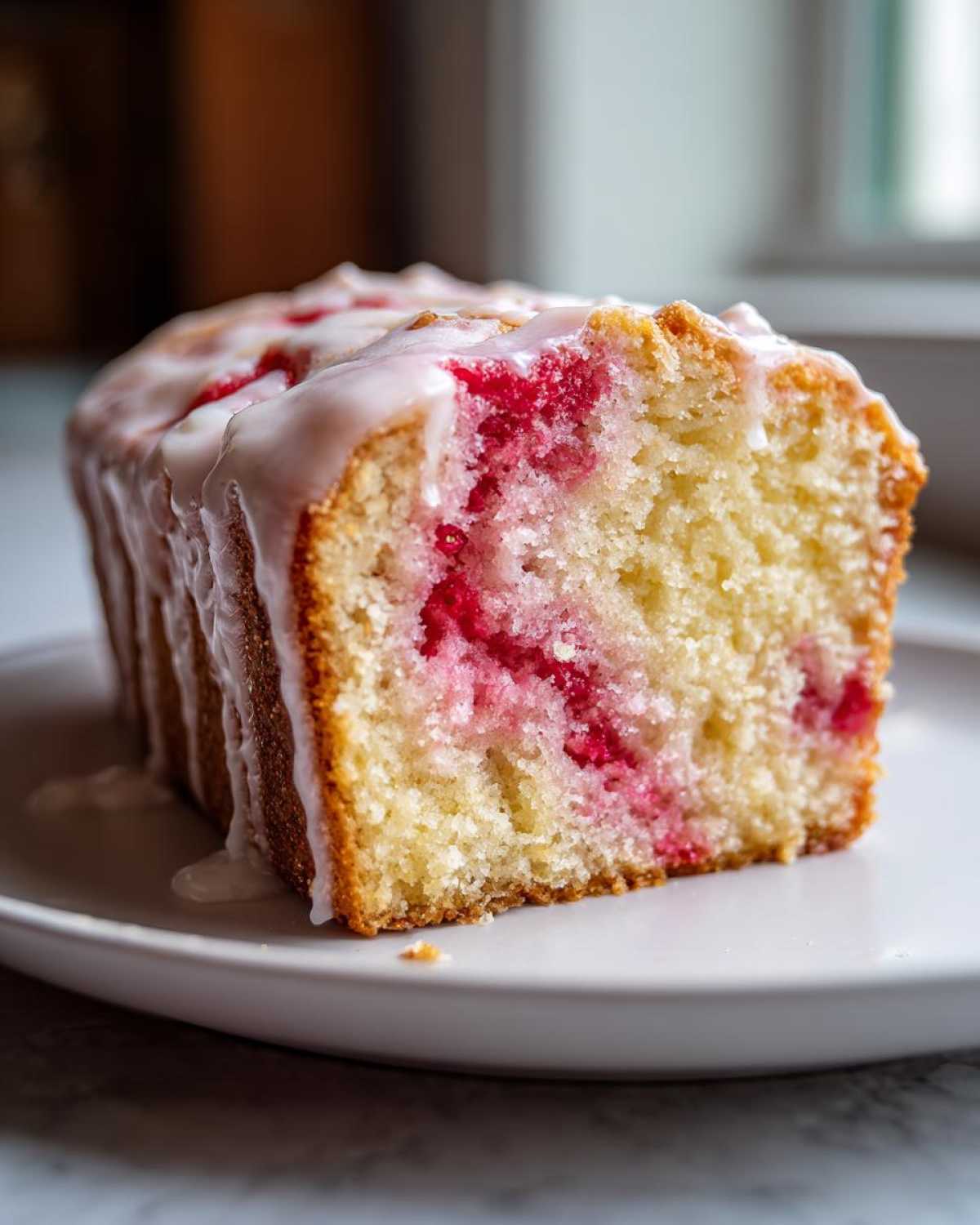 Close-up of a slice of Gluten-Free Strawberry Lemon Pound Cake showing bright pink berries and white lemon glaze.