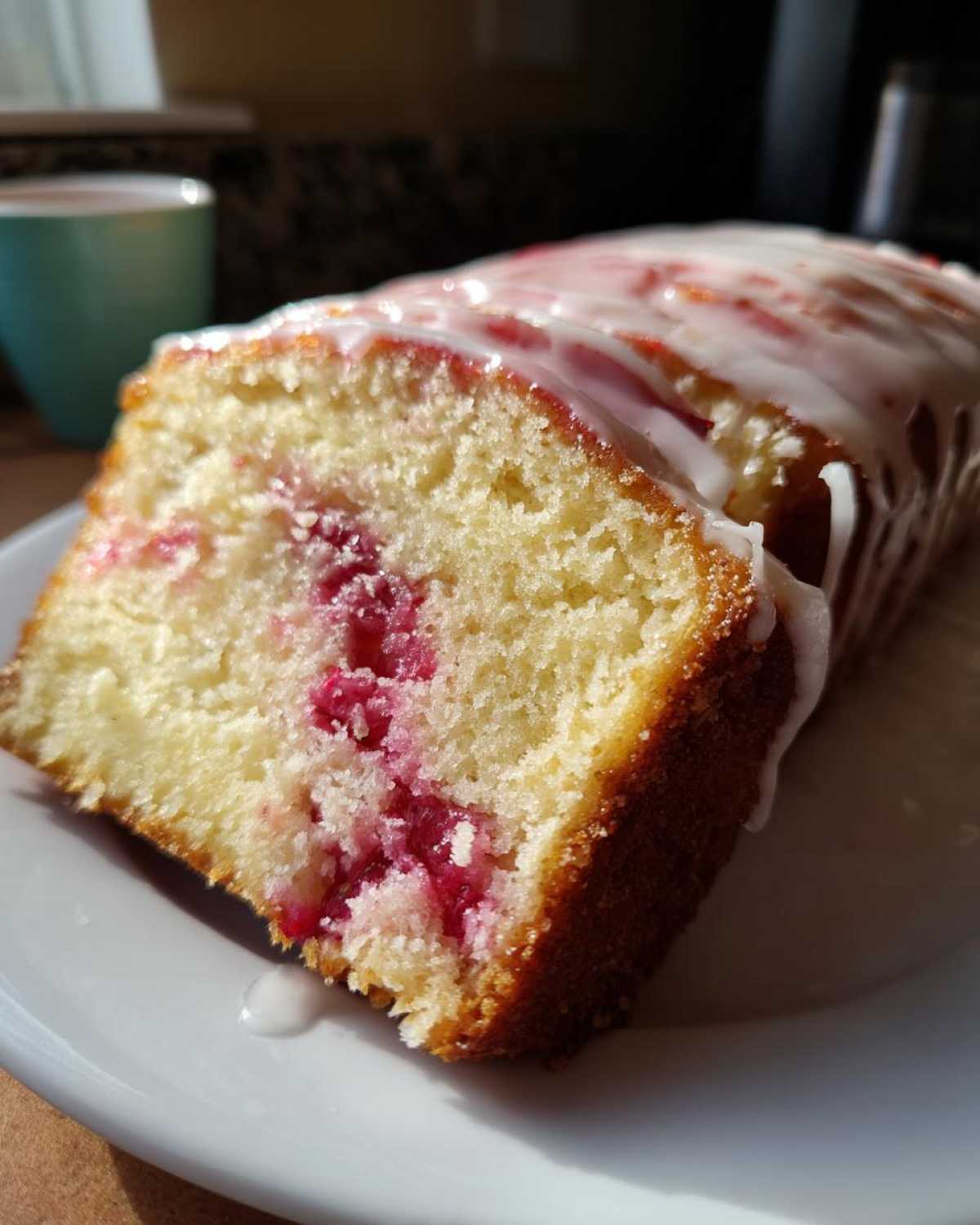 Close-up of a slice of Gluten-Free Strawberry Lemon Pound Cake showing bright pink strawberry pieces inside and white lemon glaze drizzled on top.