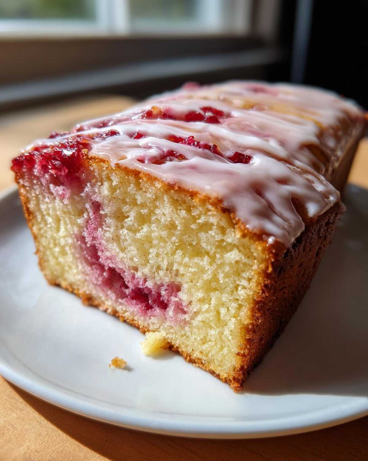 A close-up of a slice of Gluten-Free Strawberry Lemon Pound Cake with a bright pink swirl and white lemon glaze.