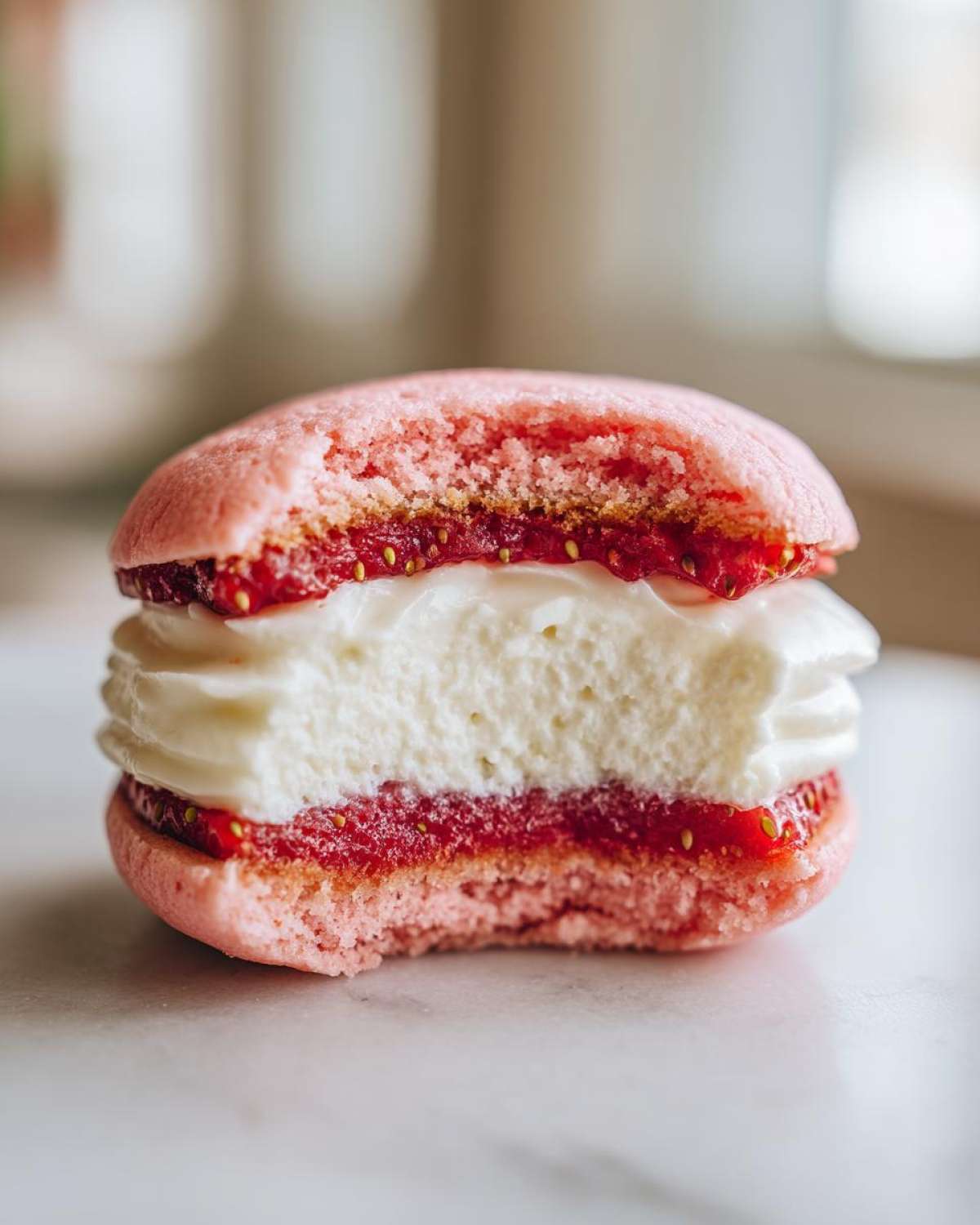 Close-up of a Gluten-Free Strawberry Lemon Whoopie Pie with a bite taken out, showing pink cake, strawberry filling, and cream.