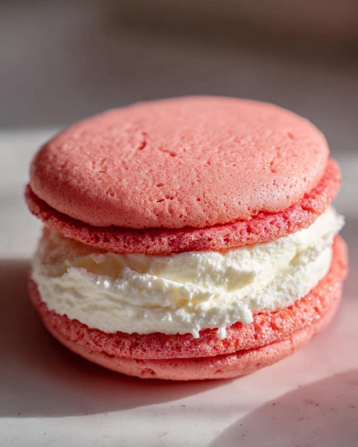 Close-up of a pink Gluten-Free Strawberry Lemon Whoopie Pie filled with thick white cream frosting.