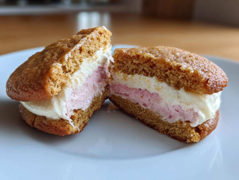 Close-up of a Gluten-Free Strawberry Lemon Whoopie Pie cut in half showing two layers of filling.