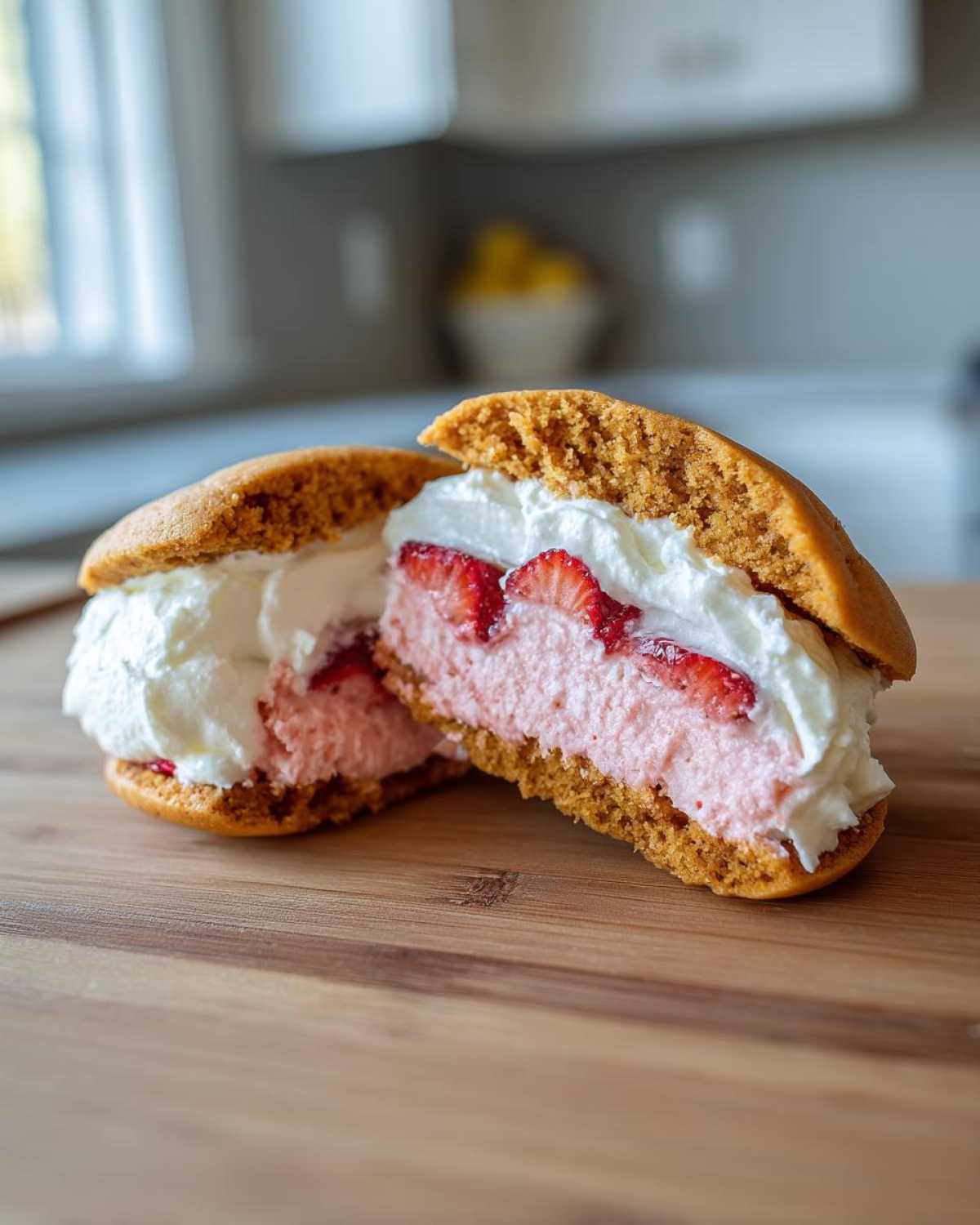 A Gluten-Free Strawberry Lemon Whoopie Pie cut in half showing strawberry mousse filling and fresh strawberries.