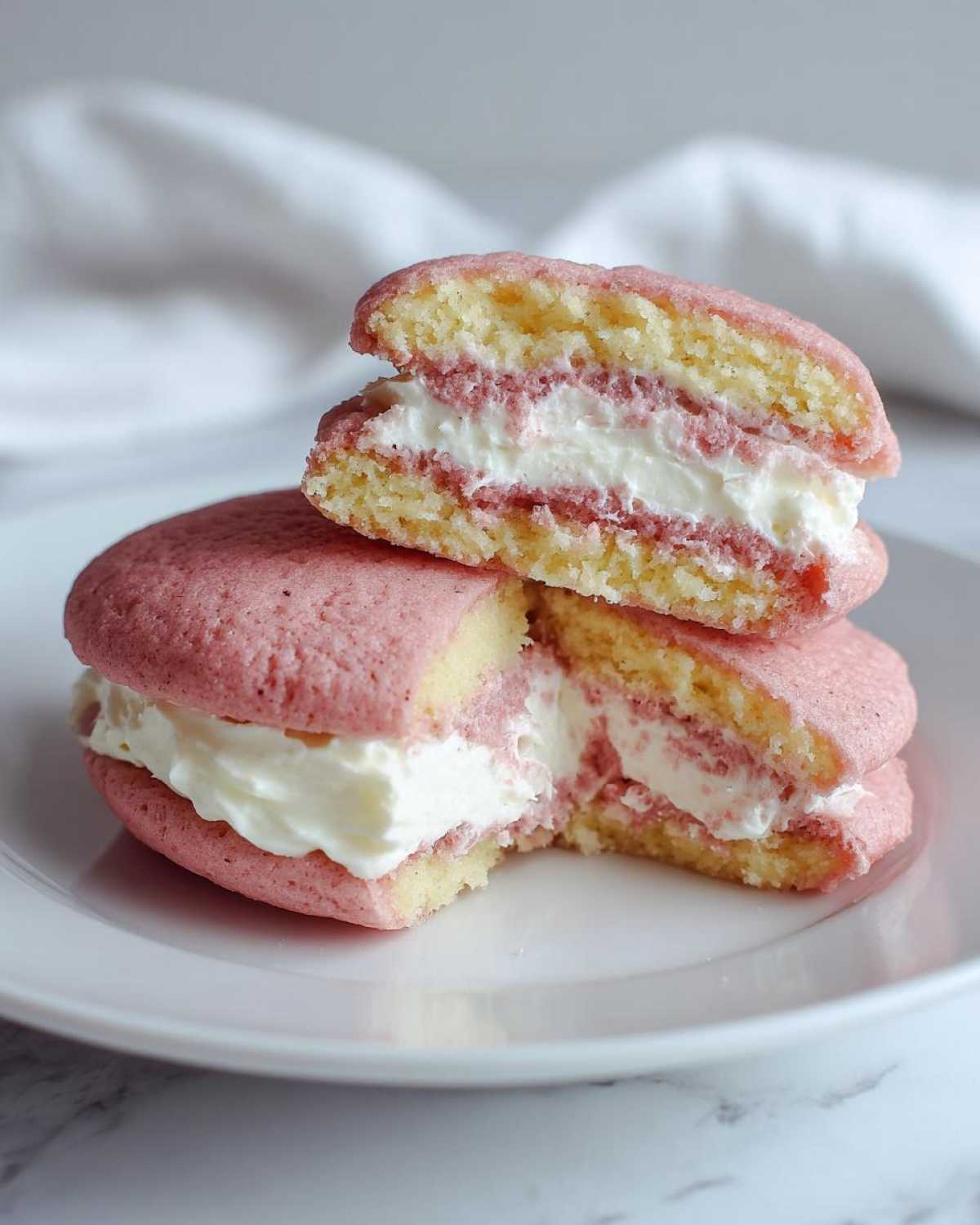Close-up of two Gluten-Free Strawberry Lemon Whoopie Pies stacked, one cut in half showing pink cake and creamy filling.