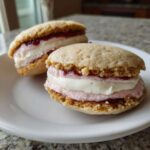 Close-up of two delicious Gluten-Free Strawberry Lemon Whoopie Pies filled with pink and white cream and jam on a white plate.