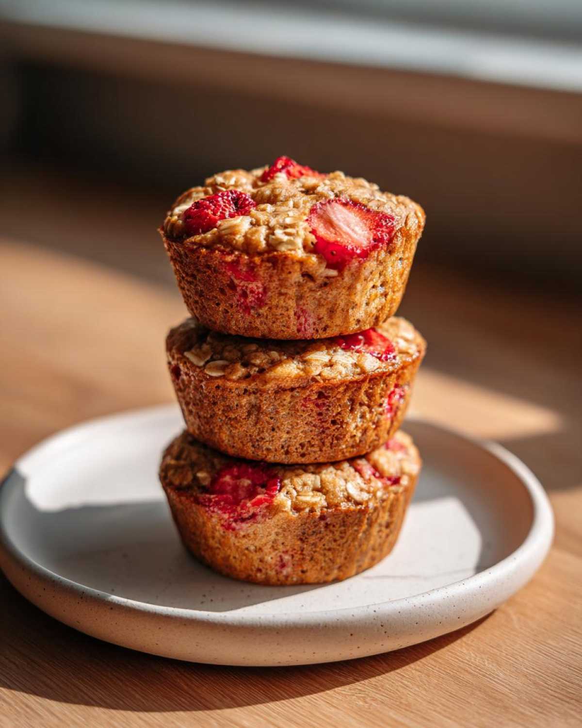 Three Gluten-Free Strawberry Oat Muffins stacked on a speckled white plate, topped with visible strawberry pieces.