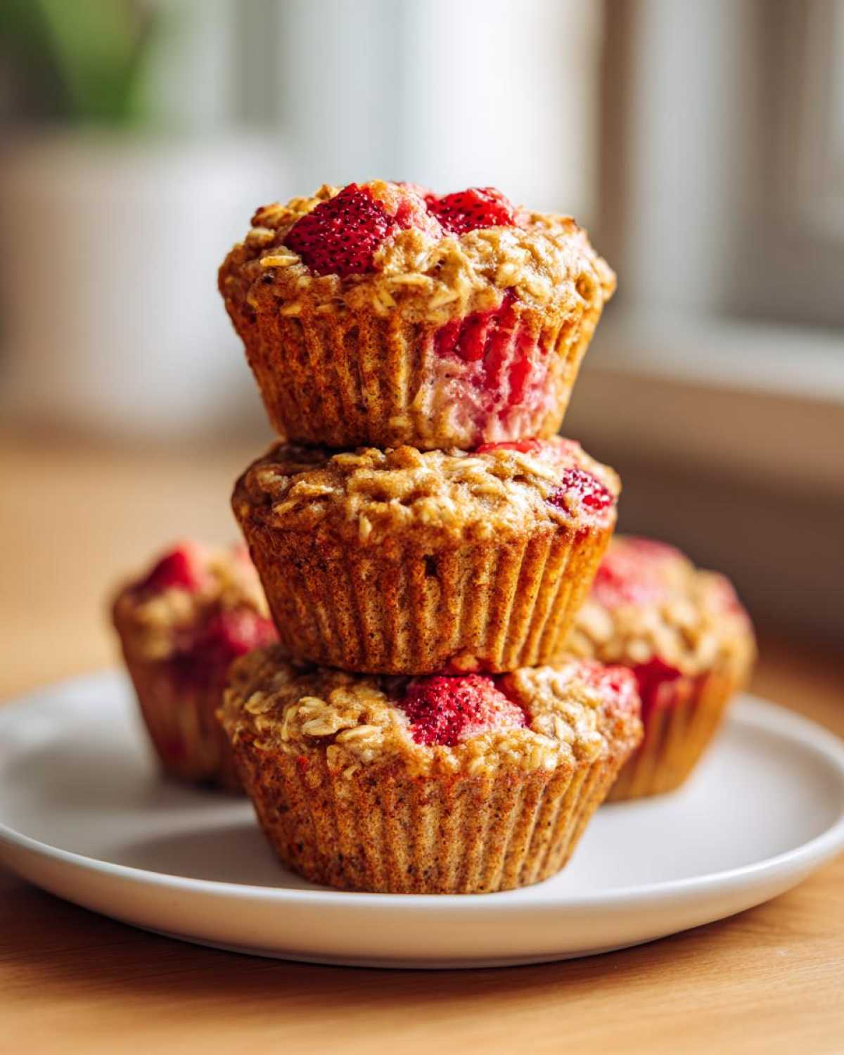 A stack of three golden-brown Gluten-Free Strawberry Oat Muffins topped with fresh strawberries.