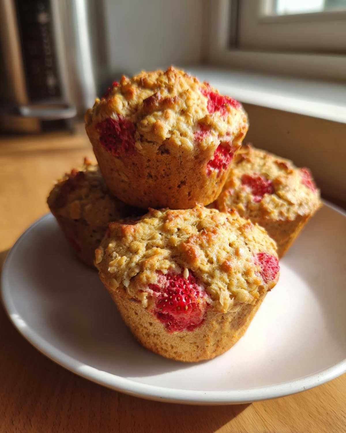 A stack of four golden-brown Gluten-Free Strawberry Oat Muffins with visible strawberry pieces on a white plate.