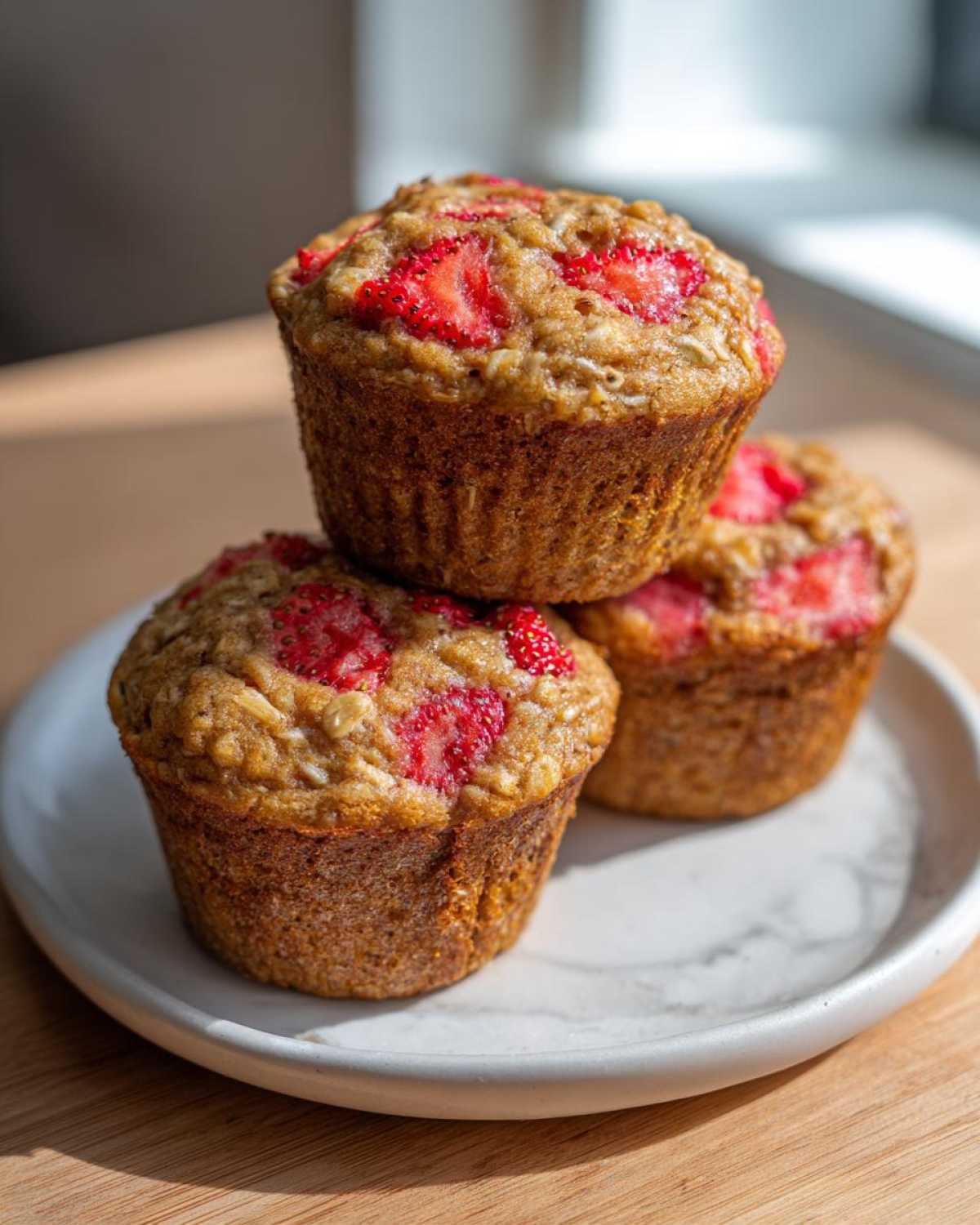 Three freshly baked Gluten-Free Strawberry Oat Muffins stacked on a small white plate.