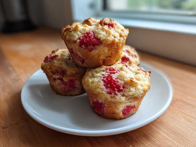 A stack of four freshly baked Gluten-Free Strawberry Oat Muffins with visible strawberry pieces, resting on a white plate.