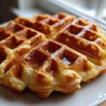Close-up of a perfectly golden Belgian waffle made from the best Belgian waffle batter, drizzled with syrup.