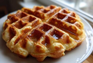 Close-up of a perfectly golden Belgian waffle made from the best Belgian waffle batter, drizzled with syrup.