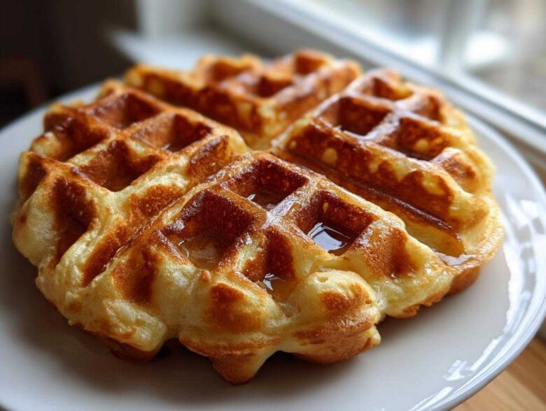 Close-up of a perfectly golden Belgian waffle made from the best Belgian waffle batter, drizzled with syrup.