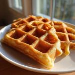 Close-up of golden brown Belgian Waffles fresh from the iron, sitting on a white plate.