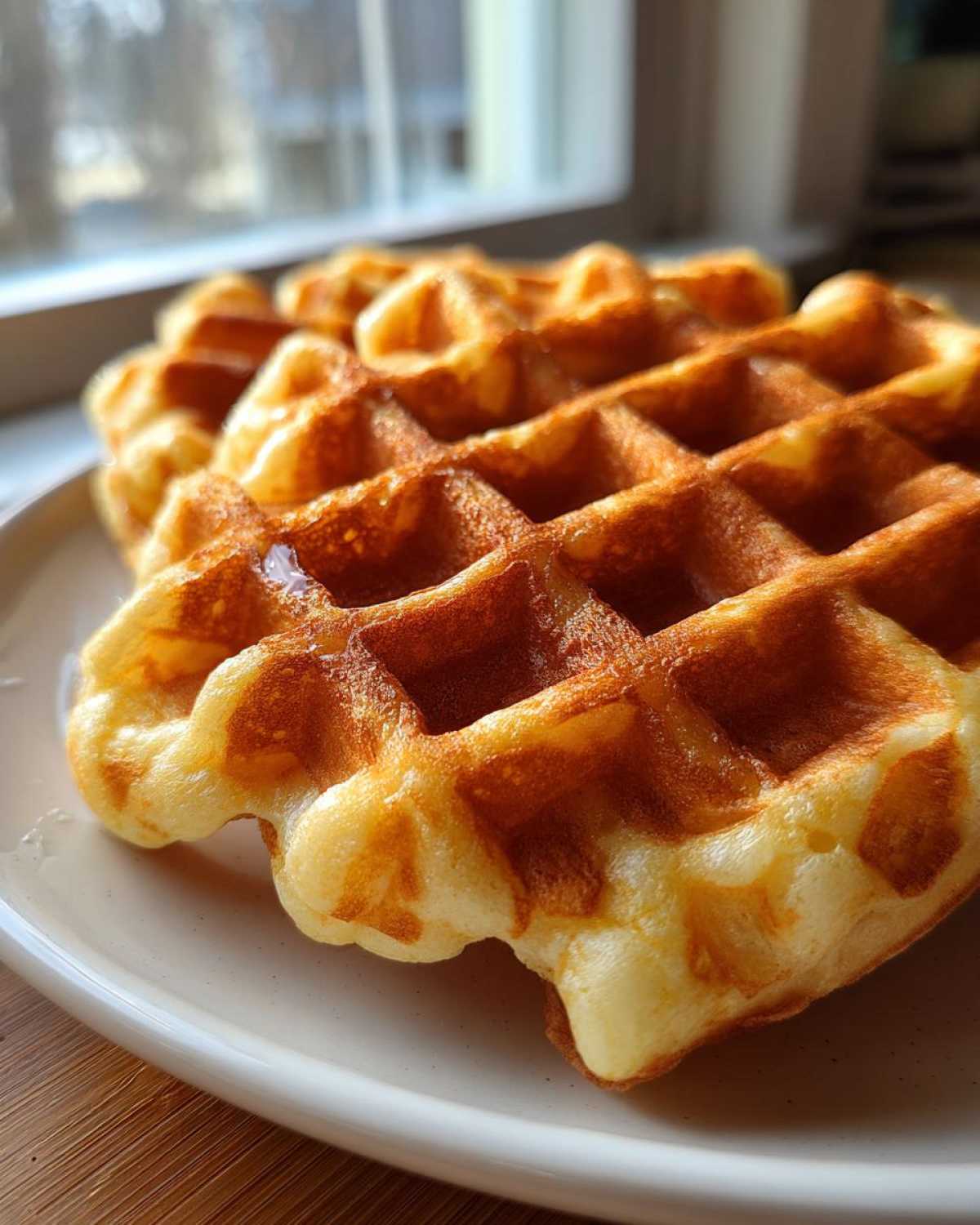Close-up of a perfectly golden and fluffy Belgian waffle, made from the best Belgian Waffle Batter.