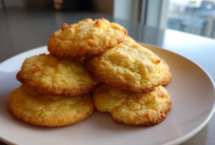 A stack of five golden brown, soft cake mix cookies piled on a white plate.