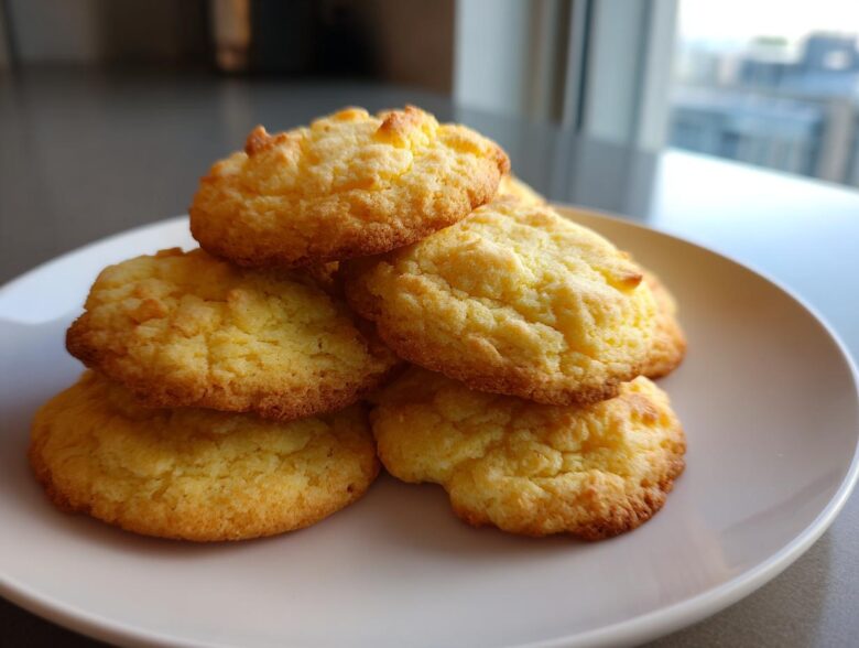 A stack of five golden brown, soft cake mix cookies piled on a white plate.