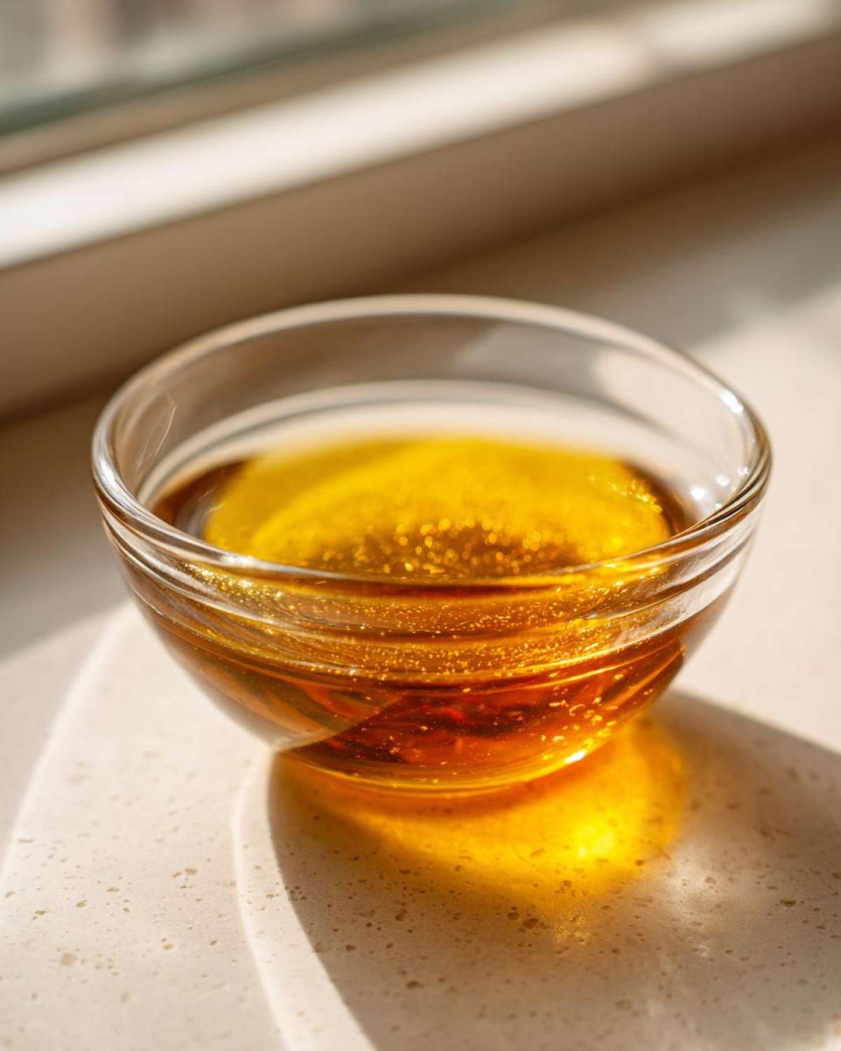 Close-up of a small glass bowl filled with golden liquid, likely honey or oil, used for Copycat Apple Cider Vinaigrette.