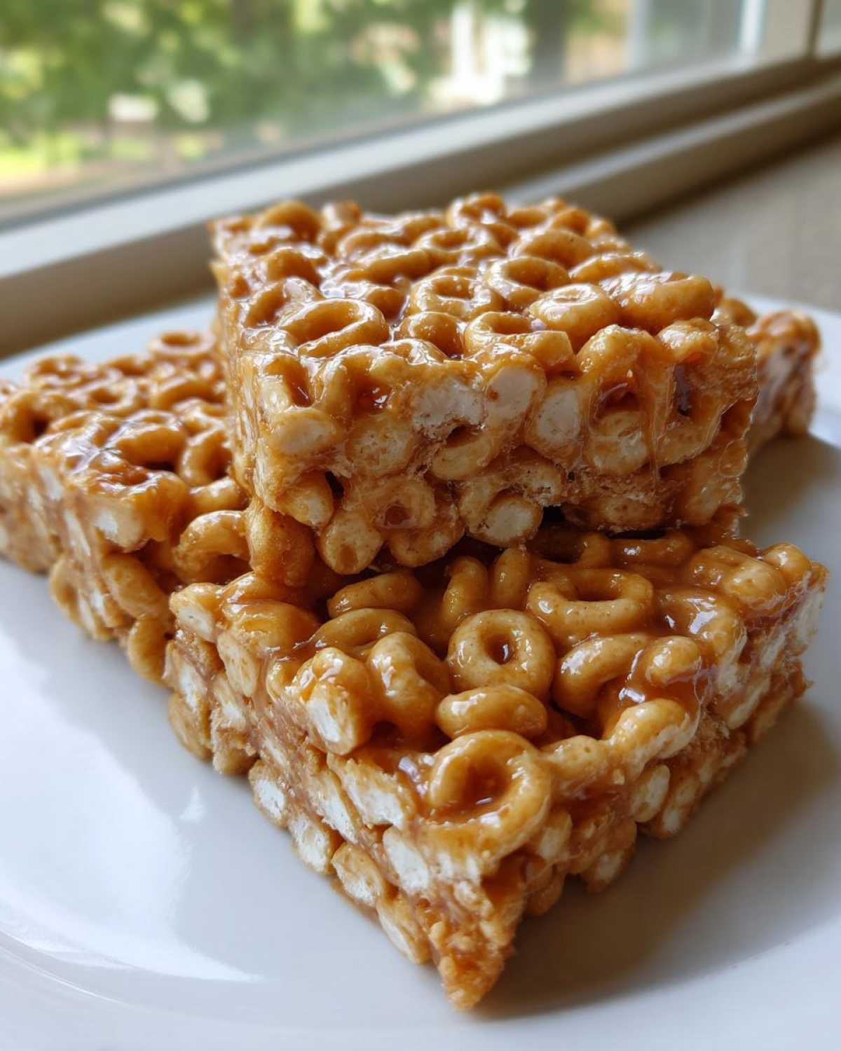 Three stacked, gooey, golden-brown cheerio bars made with O-shaped cereal, sitting on a white plate.