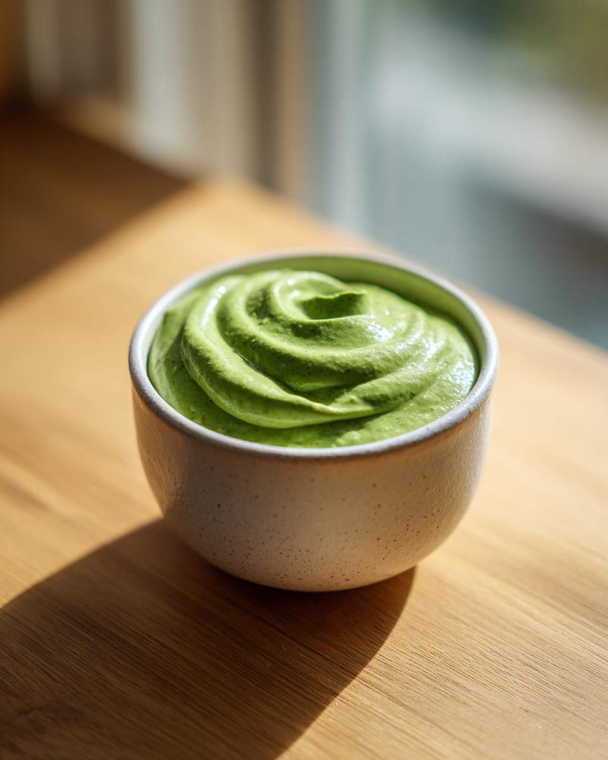 A small speckled bowl filled with thick, vibrant Green Goddess Salad Dressing, swirled beautifully on top.