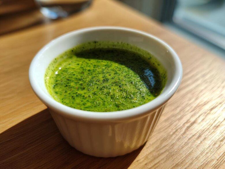 Close-up of vibrant Green Goddess Salad Dressing, freshly blended, served in a small white ramekin on a wooden table.