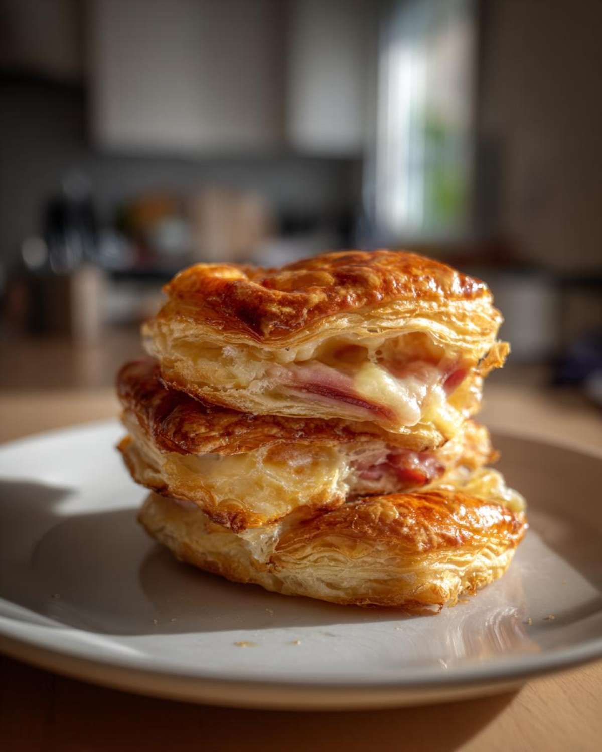 A stack of three golden brown Ham Cheese Puff Pastry Stacks showing melted cheese oozing out.