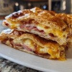 Two stacked, golden brown Ham Cheese Puff Pastry Stacks cut in half showing melted cheese and ham filling.