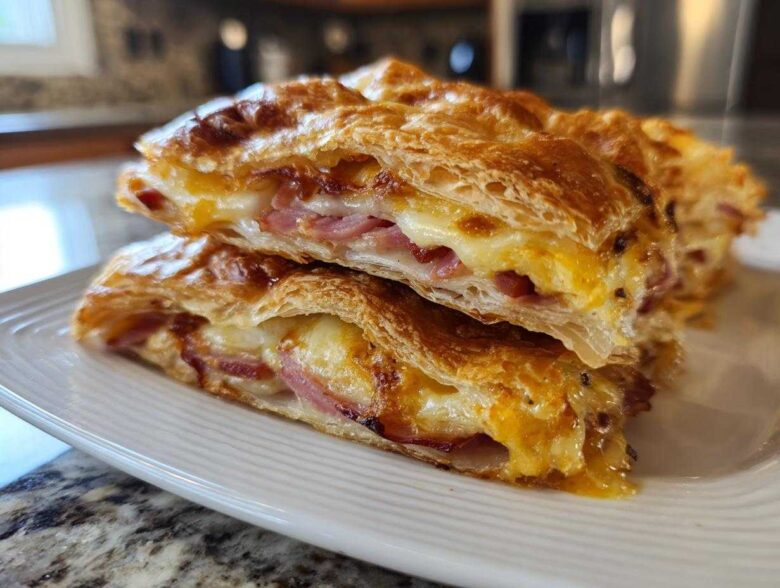 Two stacked, golden brown Ham Cheese Puff Pastry Stacks cut in half showing melted cheese and ham filling.