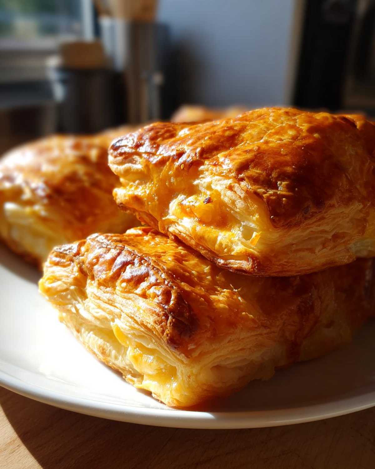Close-up of golden brown, flaky Ham Cheese Puff Pastry Stacks piled on a white plate.