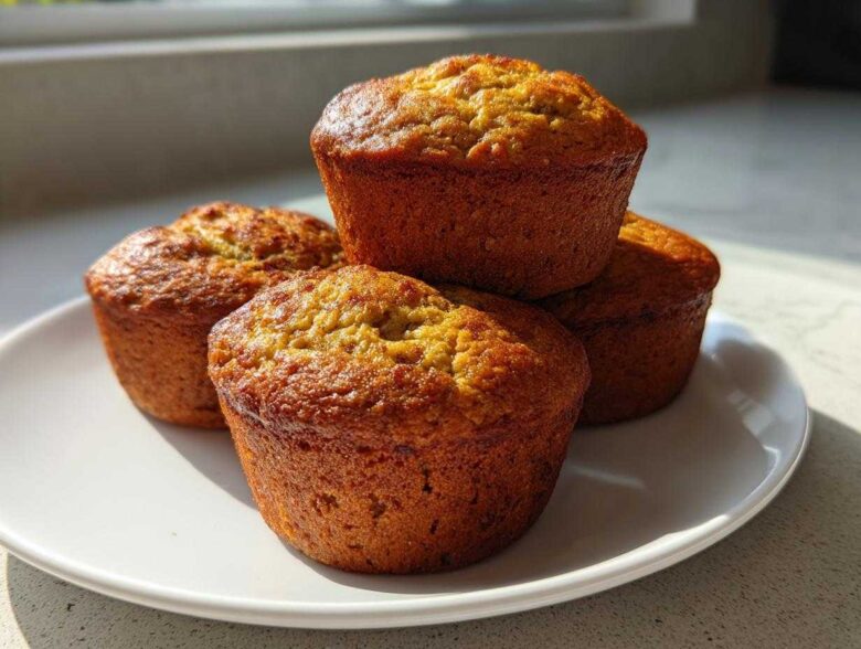 Four golden-brown High Protein Banana Muffins stacked slightly on a white plate, backlit by sunlight.