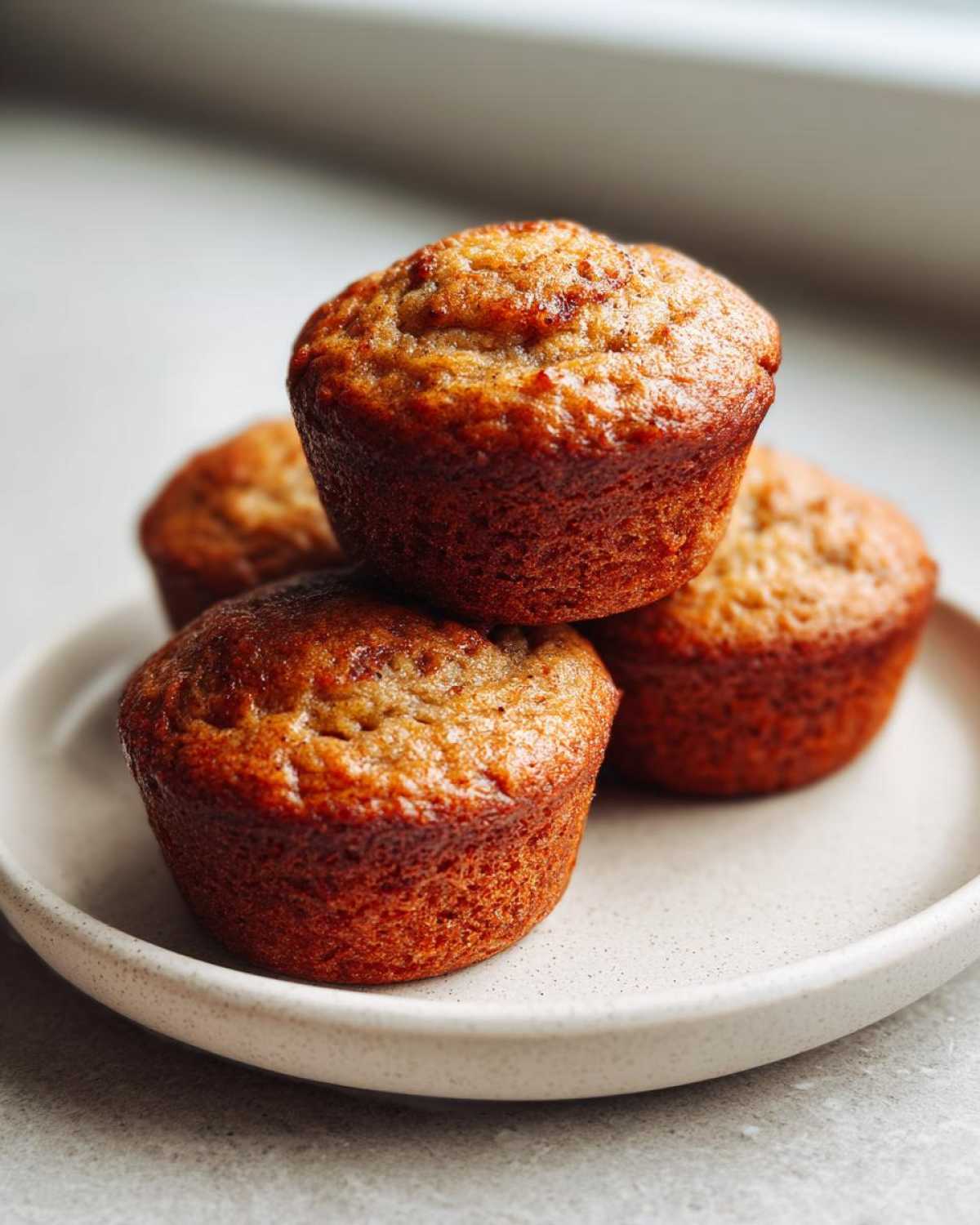 A stack of four golden-brown High Protein Banana Muffins on a light speckled plate.