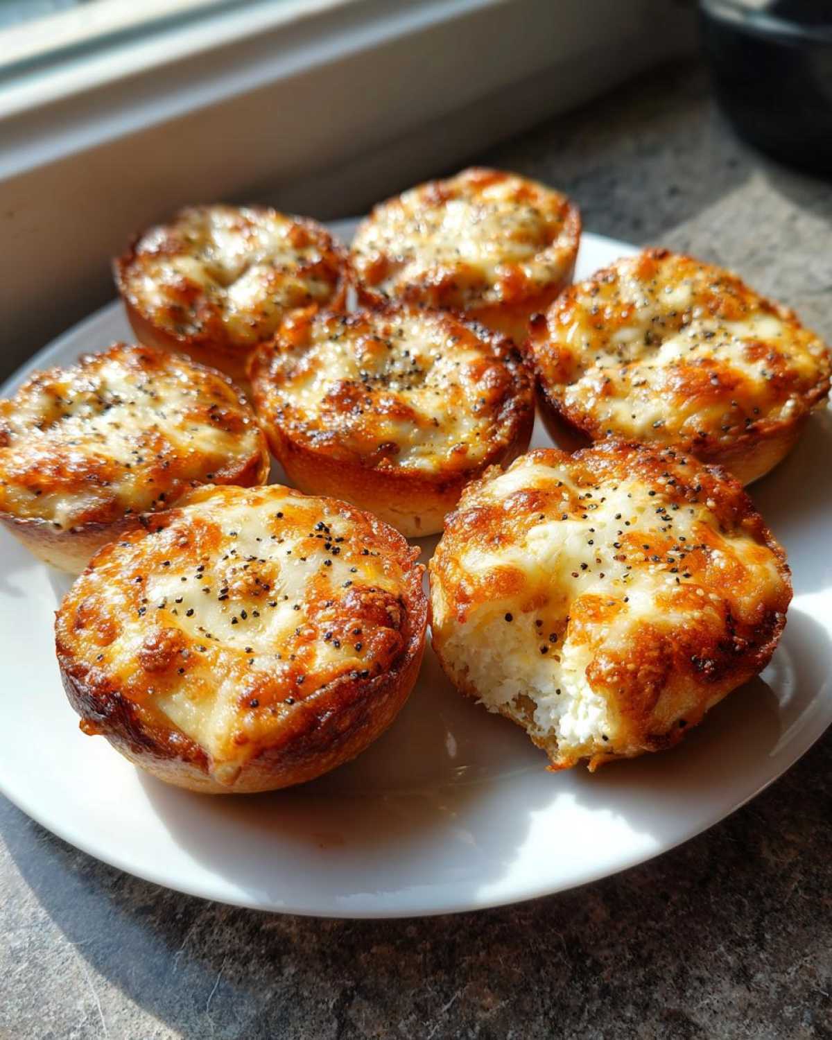 Plate of six golden-brown High-Protein Cottage Cheese Bagel Bites topped with melted cheese and poppy seeds.