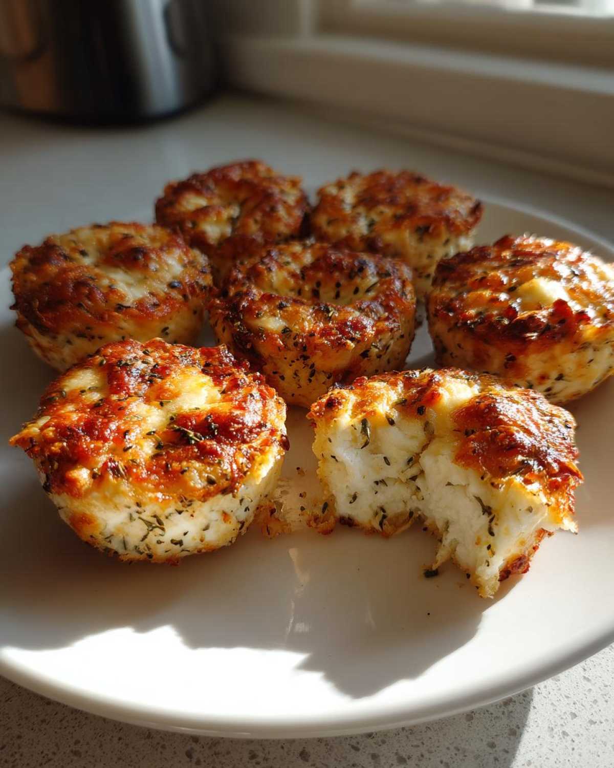 Six golden-brown High-Protein Cottage Cheese Bagel Bites seasoned with herbs on a white plate, one is partially eaten.