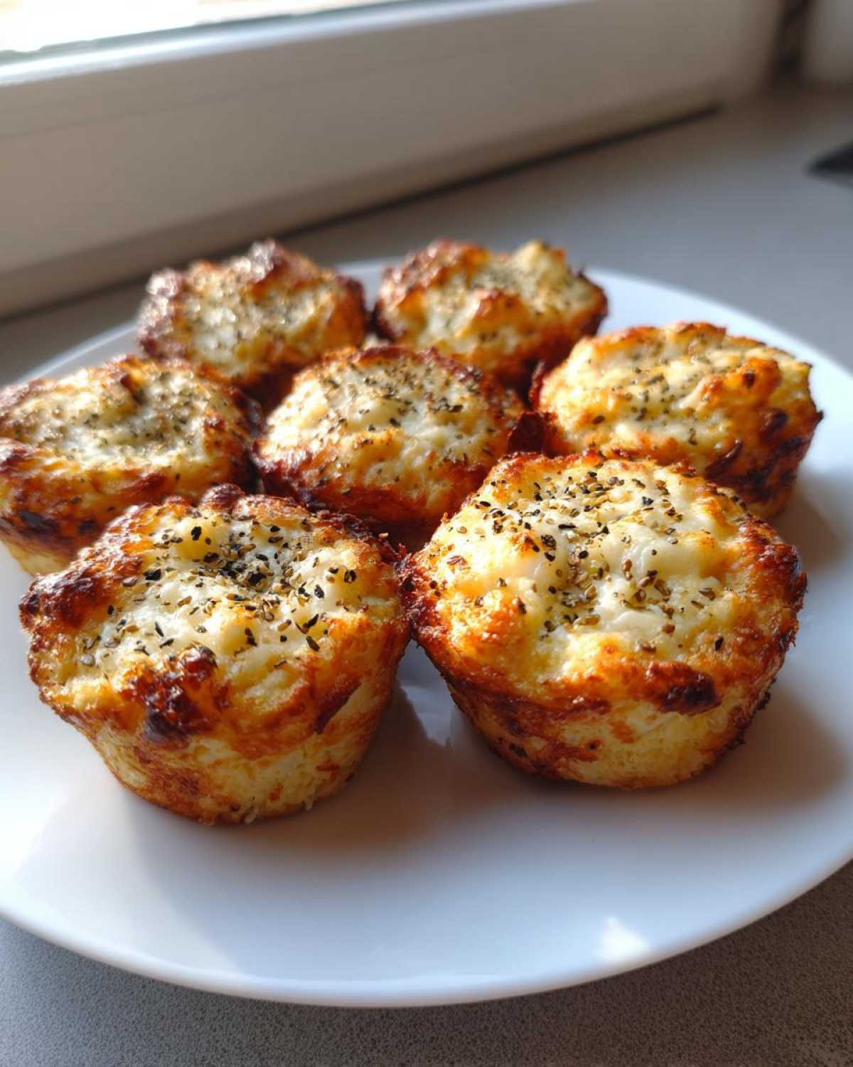 A plate of freshly baked High-Protein Cottage Cheese Bagel Bites, golden brown and topped with herbs.